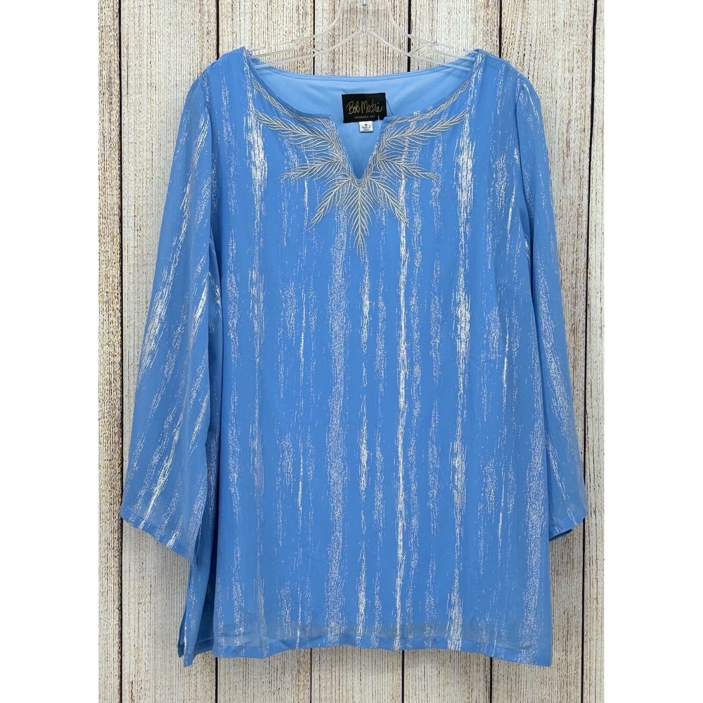 Bob Mackie Wearable Art Blue Tunic Top Size‎ Medium Embroidered Silver Metallic